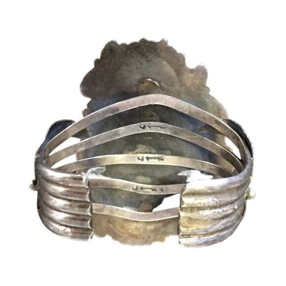 Antique Cuff Bracelet Green Turquoise Coral Sterling Silver Navajo Native Signed - Picture 9 of 14